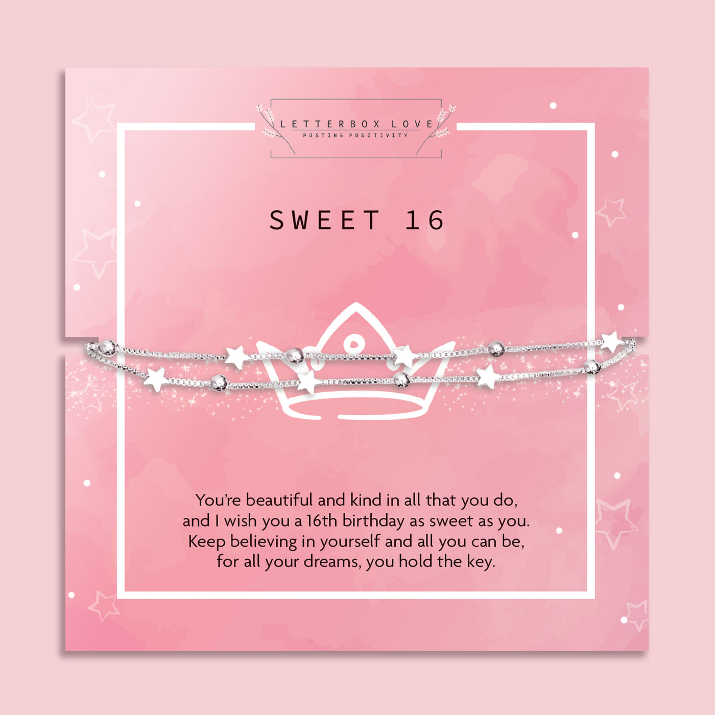 SWEET 16' bracelet adorned with star charms and delicate beads, presented on a pink card with an encouraging message for a 16th birthday. 