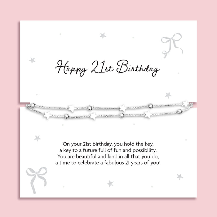 Silver plated double layer star bracelet displayed on a Happy 21st Birthday sentiment card featuring a meaningful birthday poem, presented as a keepsake birthday gift for her with pink gift pouch and optional gift box or Hugsy upgrade.