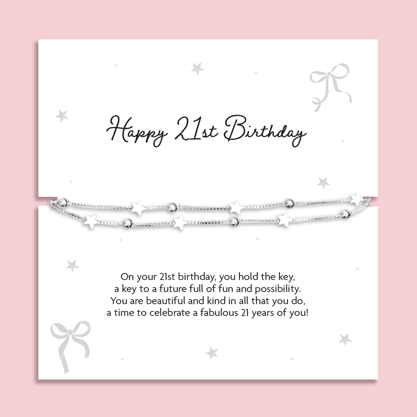Silver plated double layer star bracelet displayed on a Happy 21st Birthday sentiment card featuring a meaningful birthday poem, presented as a keepsake birthday gift for her with pink gift pouch and optional gift box or Hugsy upgrade.