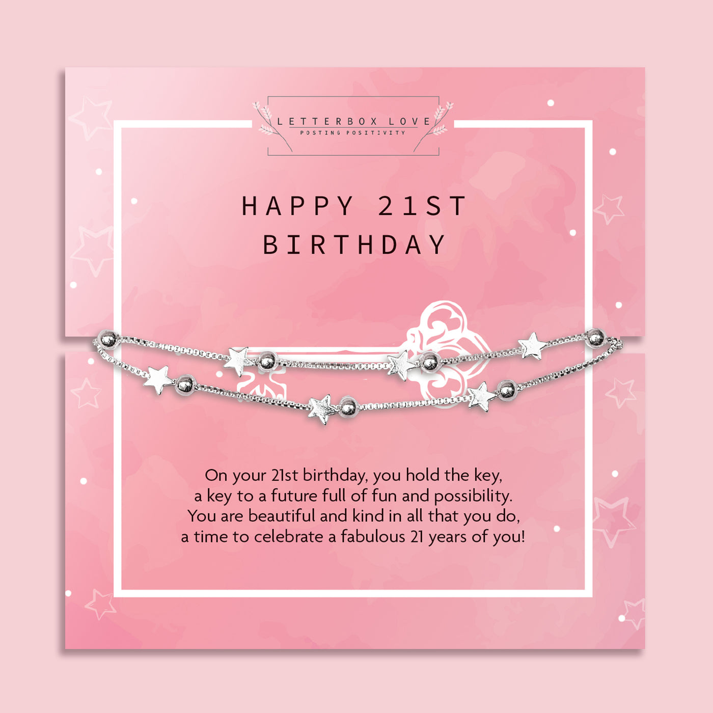 Letterbox Love 21st birthday bracelet gift for her – silver star and bead charm bracelet on a pink keepsake card with sentimental message and key design. Perfect letterbox jewellery gift for daughter, friend, or sister’s 21st milestone celebration. Thoughtful, affordable birthday present for her