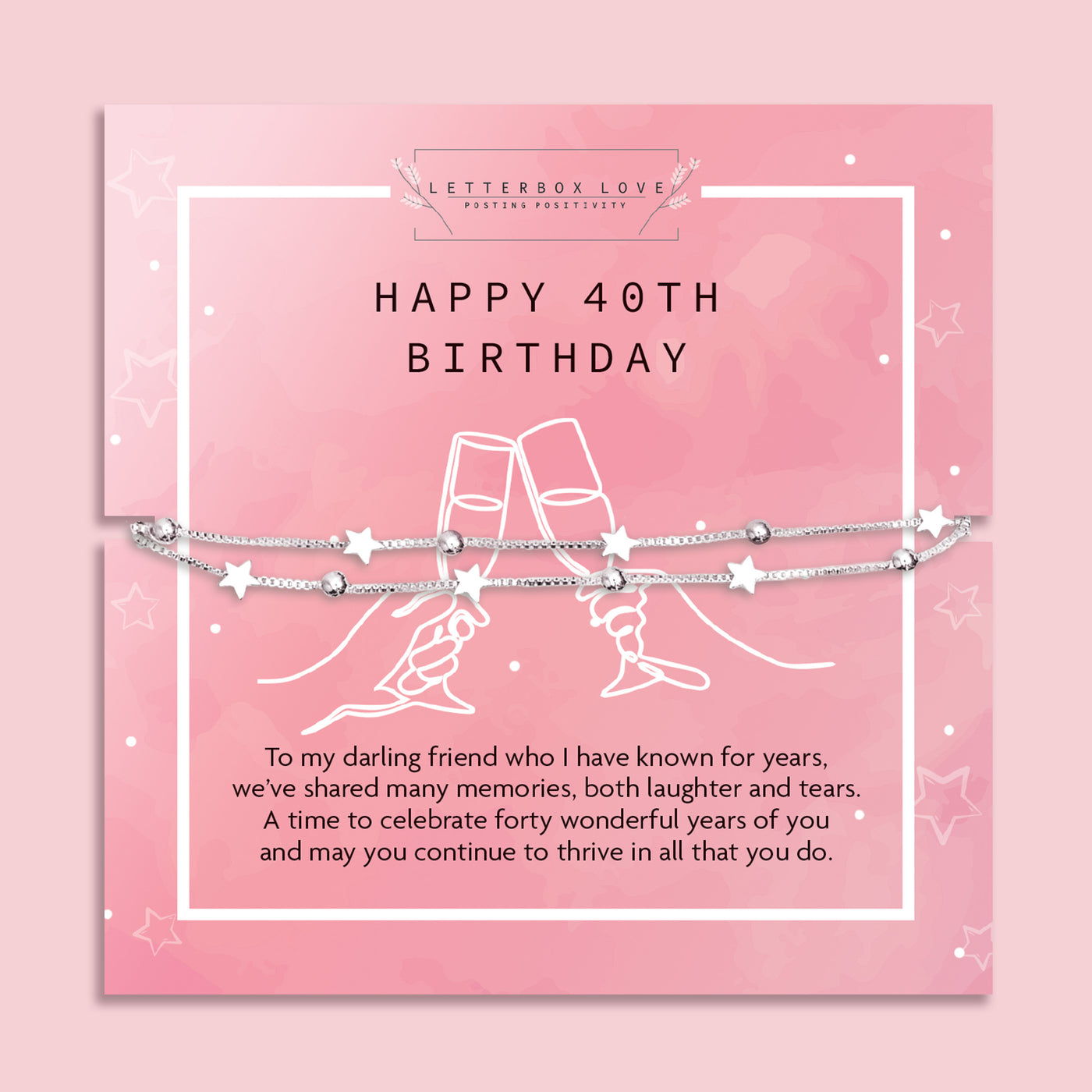 Letterbox Love 40th birthday jewellery gift – delicate silver star bracelet with beads, presented on a pink sentimental card featuring a key illustration. A meaningful 40th birthday present for daughter, granddaughter, sister or best friend. Perfect affordable keepsake gift.