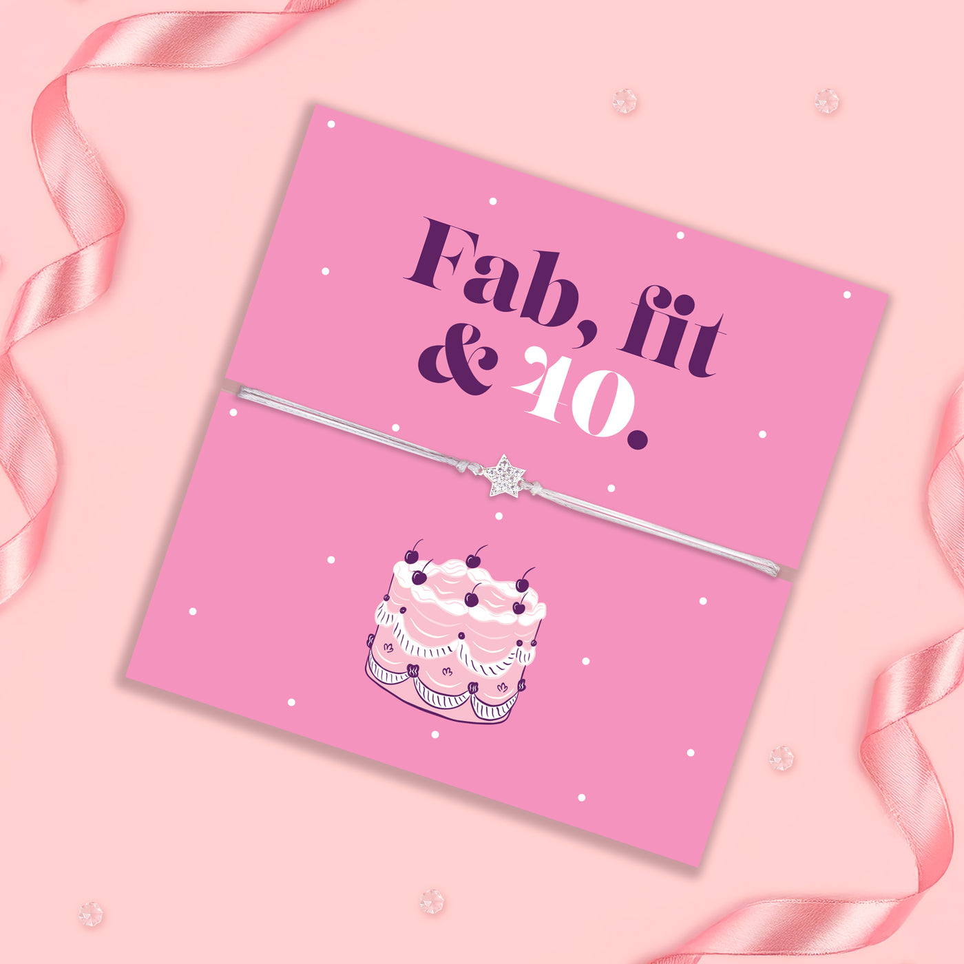 Pink card with 'Fab, fit & 40' text and cake illustration on a pink background