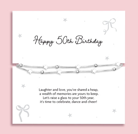 Silver plated double-layer star bracelet displayed on a Happy 50th Birthday sentiment card featuring a celebratory poem, perfect as a milestone birthday gift for her.