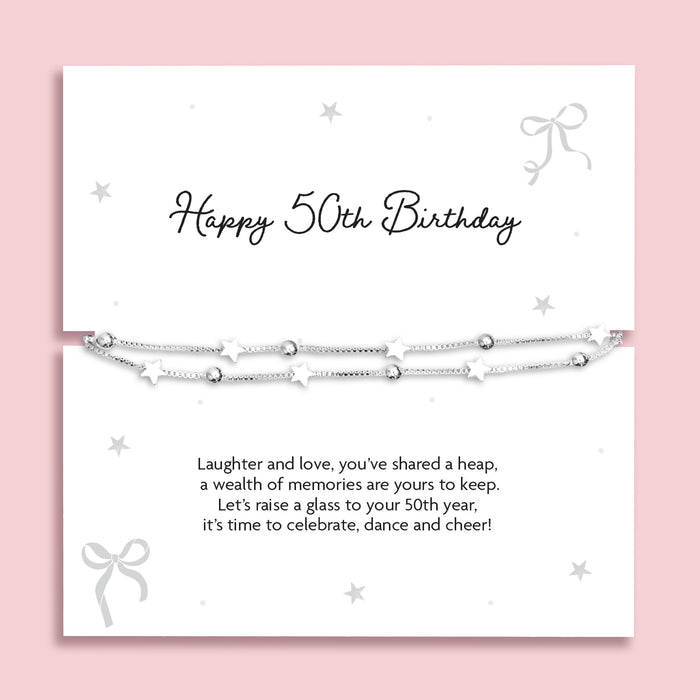 Silver plated double-layer star bracelet displayed on a Happy 50th Birthday sentiment card featuring a celebratory poem, perfect as a milestone birthday gift for her.