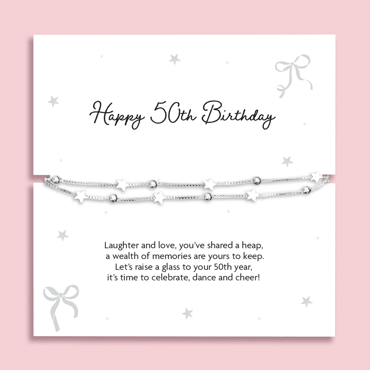 Silver plated double-layer star bracelet displayed on a Happy 50th Birthday sentiment card featuring a celebratory poem, perfect as a milestone birthday gift for her.