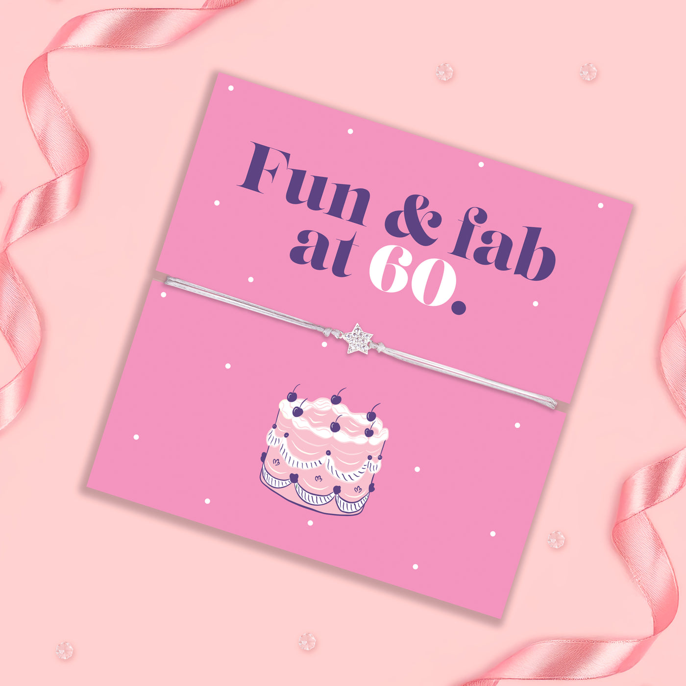 Pink birthday card with cake illustration and text 'Fun & fab at 60' on a pink background.