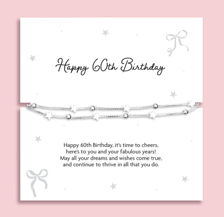 Silver plated double-layer star bracelet displayed on a Happy 60th Birthday sentiment card featuring a celebratory poem, perfect as a milestone birthday gift for her.