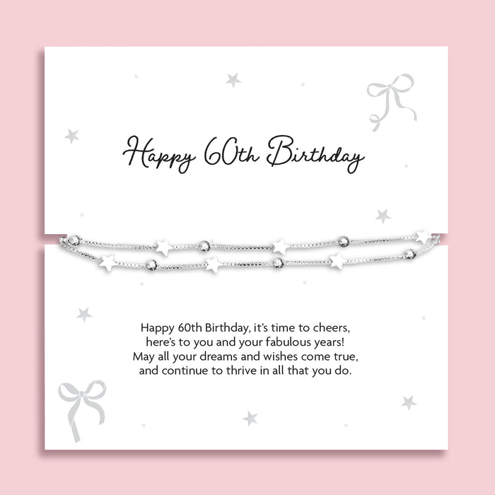 Silver plated double-layer star bracelet displayed on a Happy 60th Birthday sentiment card featuring a celebratory poem, perfect as a milestone birthday gift for her.