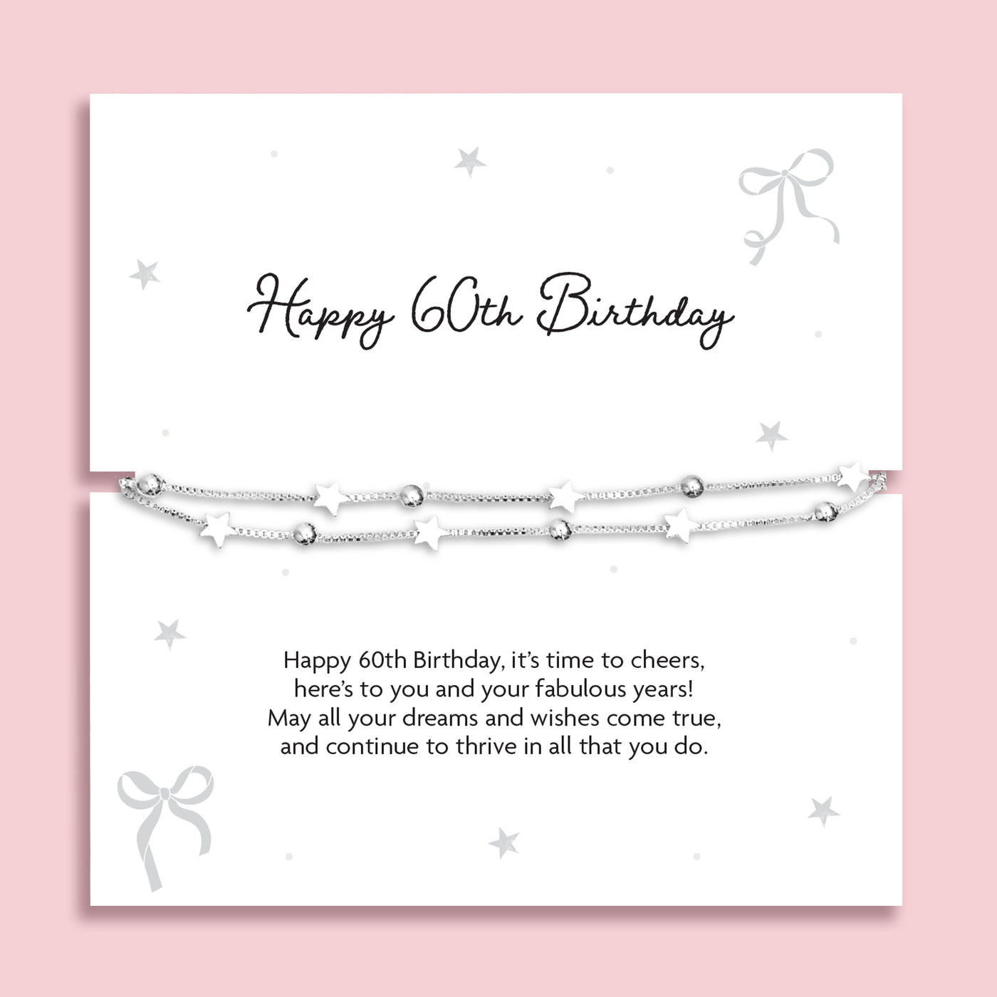 Silver plated double-layer star bracelet displayed on a Happy 60th Birthday sentiment card featuring a celebratory poem, perfect as a milestone birthday gift for her.