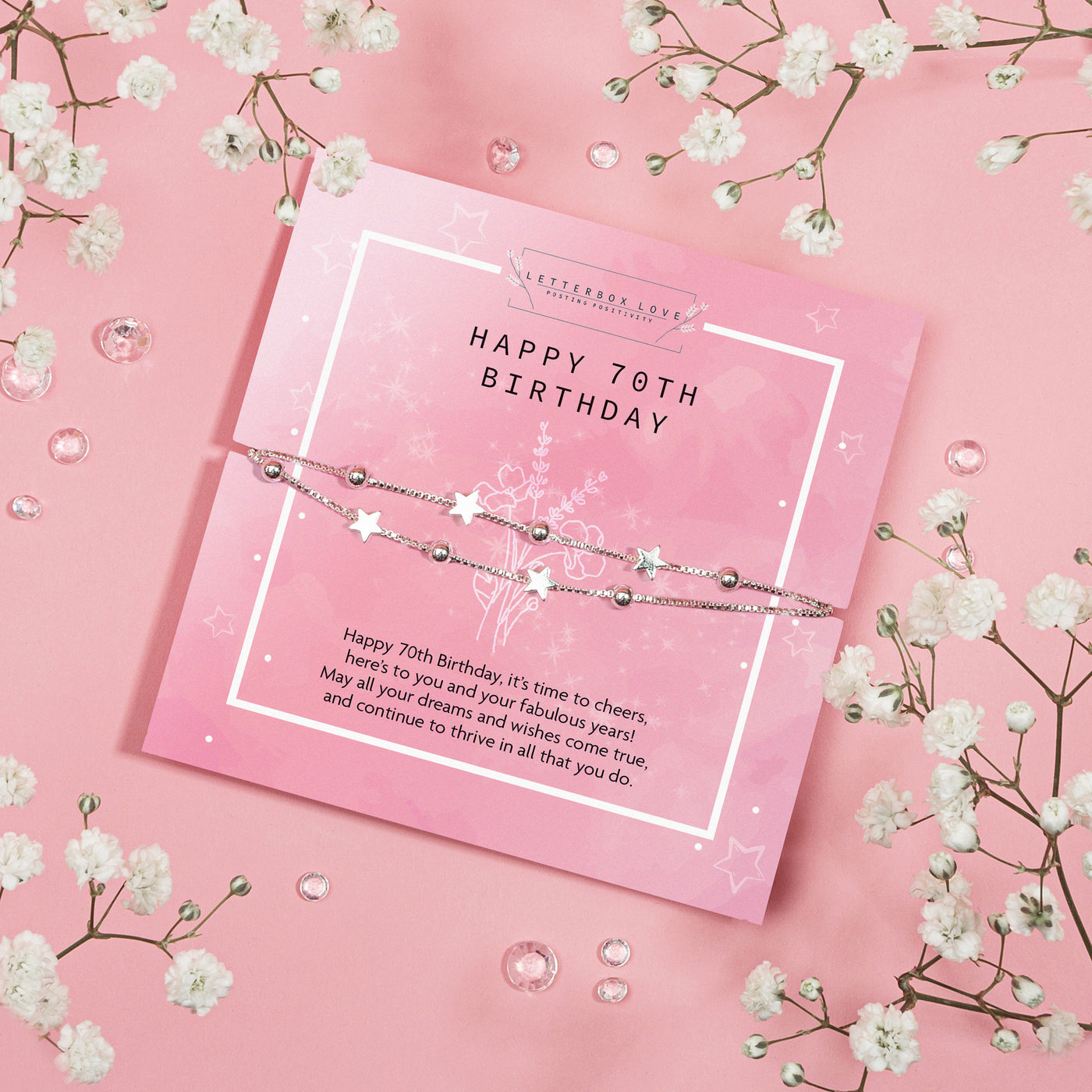 Letterbox Love 70th birthday bracelet gift for her – beautiful silver star and bead bracelet on a pink keepsake card with a heartfelt birthday message, perfect jewellery present for mum, nan, or friend celebrating a milestone.