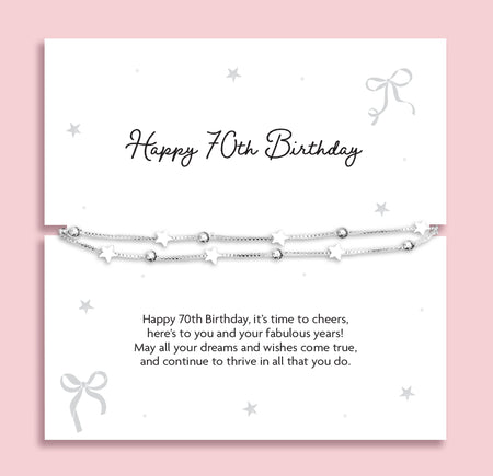 Silver plated double-layer star bracelet displayed on a Happy 70th Birthday sentiment card with a celebratory poem, perfect as a meaningful milestone birthday gift for her.