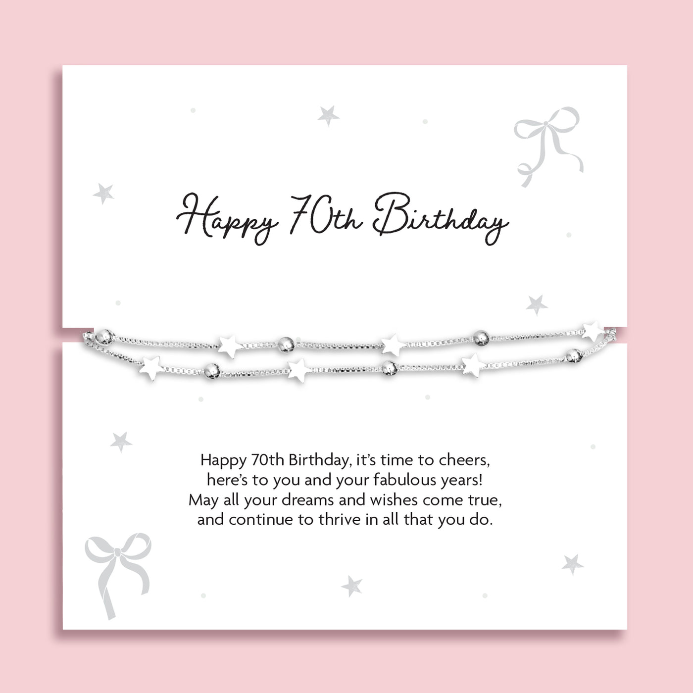 Silver plated double-layer star bracelet displayed on a Happy 70th Birthday sentiment card with a celebratory poem, perfect as a meaningful milestone birthday gift for her.