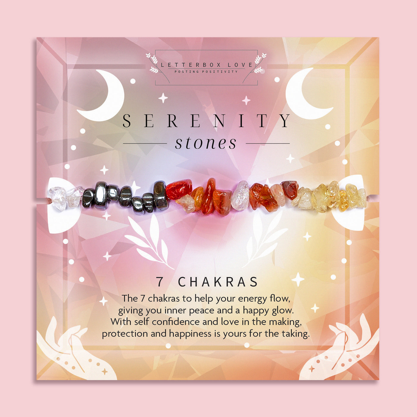 7 chakra crystal chip bracelet on pastel pink and orange display card by Letterbox Love. Handmade healing crystal bracelet for energy balance, inner peace, and positivity. Features seven natural gemstone chips aligned with the chakras. Spiritual gift for her, mindfulness jewellery, and wellness bracelet for self-love and protection