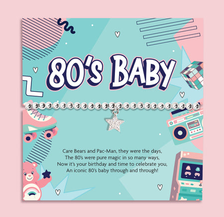 80s baby silver beaded bracelet with star charm displayed on retro 80s themed birthday card with Care Bears and arcade design, nostalgic birthday gift