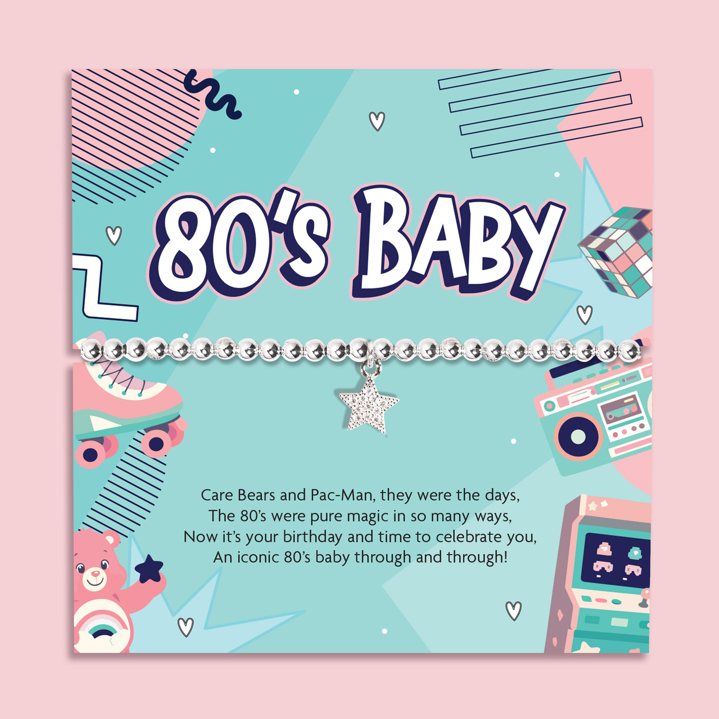 80s baby silver beaded bracelet with star charm displayed on retro 80s themed birthday card with Care Bears and arcade design, nostalgic birthday gift