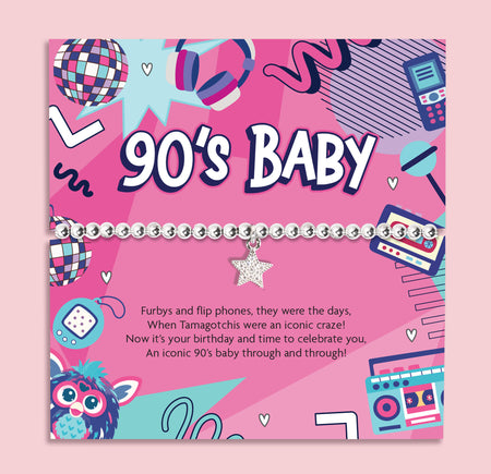 90s baby silver beaded bracelet with star charm displayed on retro 90s themed birthday card with Tamagotchi and cassette design, nostalgic birthday gift