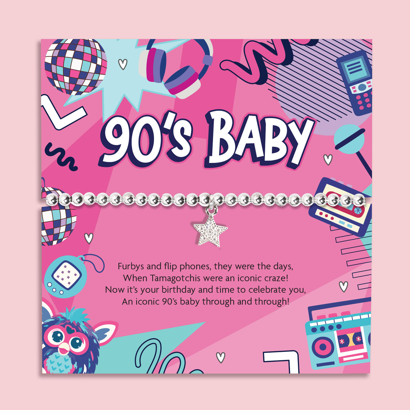 90s baby silver beaded bracelet with star charm displayed on retro 90s themed birthday card with Tamagotchi and cassette design, nostalgic birthday gift