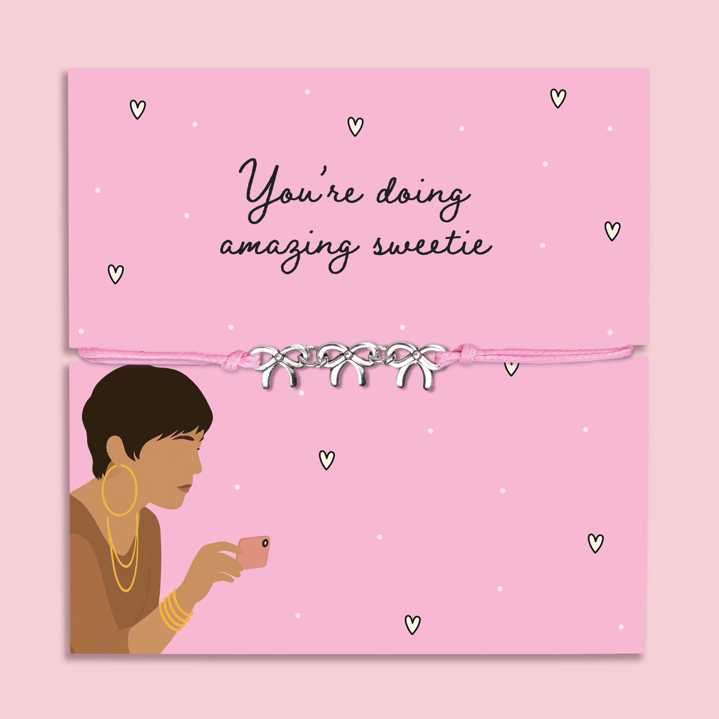 Adjustable pink cord bracelet with silver-tone charm trio displayed on You're Doing Amazing Sweetie card, fun TikTok-inspired motivational gift for her