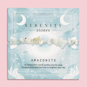 Serenity Stones Amazonite crystal chip Bracelet - Calming and soothing crystal bracelet featuring Amazonite stones for peace and harmony, beautifully packaged in a celestial-themed card
