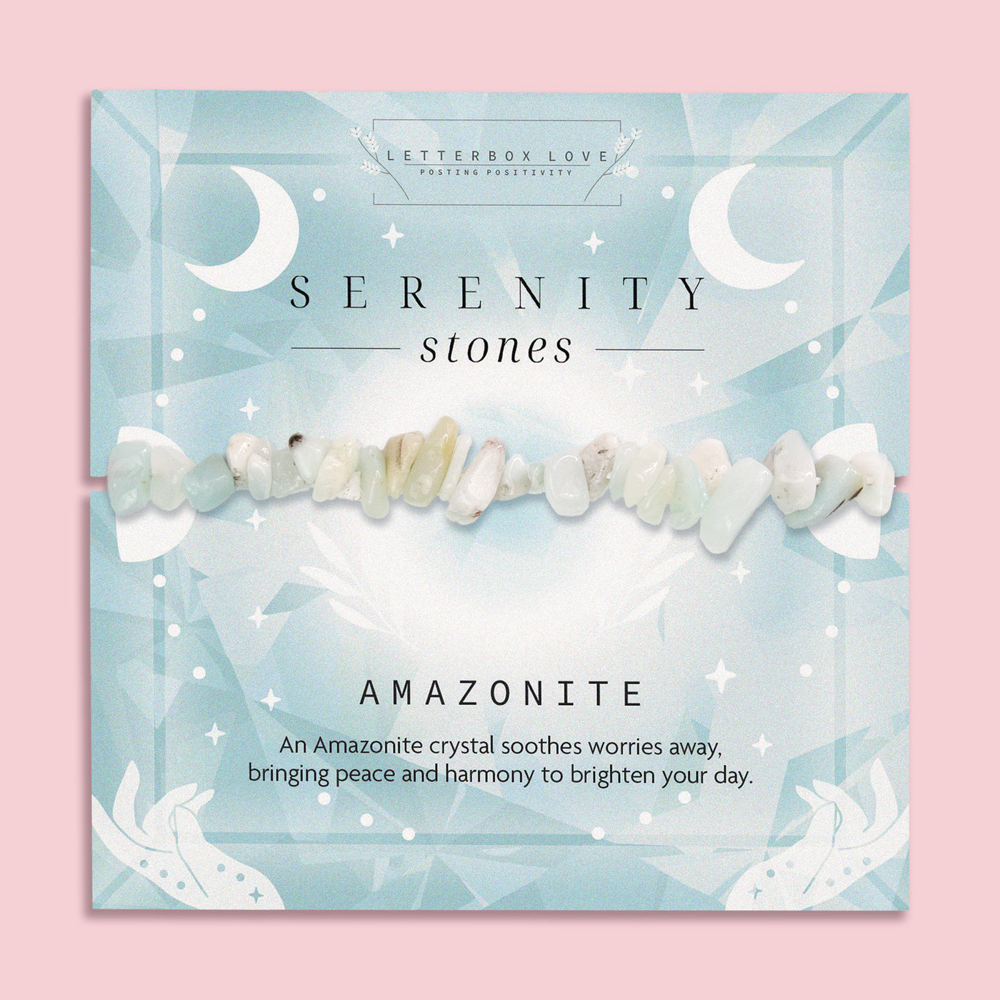 Serenity Stones Amazonite crystal chip Bracelet - Calming and soothing crystal bracelet featuring Amazonite stones for peace and harmony, beautifully packaged in a celestial-themed card