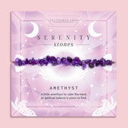 Amethyst crystal chip bracelet on a soft purple Serenity Stones card by Letterbox Love. Features deep violet Amethyst stones, known for calming the mind and supporting spiritual balance. A peaceful and thoughtful crystal gift for her, perfect for relaxation and emotional clarity.