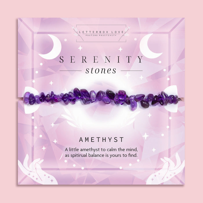 Amethyst crystal chip bracelet on a soft purple Serenity Stones card by Letterbox Love. Features deep violet Amethyst stones, known for calming the mind and supporting spiritual balance. A peaceful and thoughtful crystal gift for her, perfect for relaxation and emotional clarity.