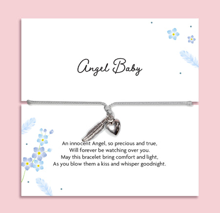 Adjustable grey cord Angel Baby memorial bracelet with silver-tone feather and heart charms, displayed on a blue floral remembrance card with a heartfelt baby loss poem.