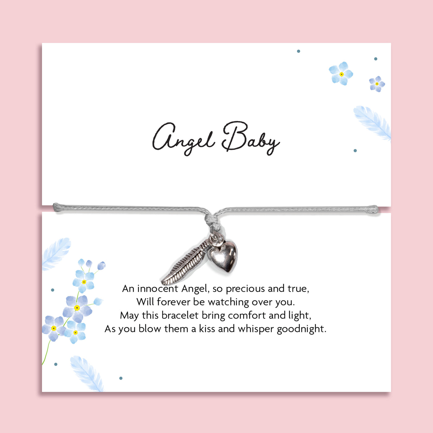 Adjustable grey cord Angel Baby memorial bracelet with silver-tone feather and heart charms, displayed on a blue floral remembrance card with a heartfelt baby loss poem.