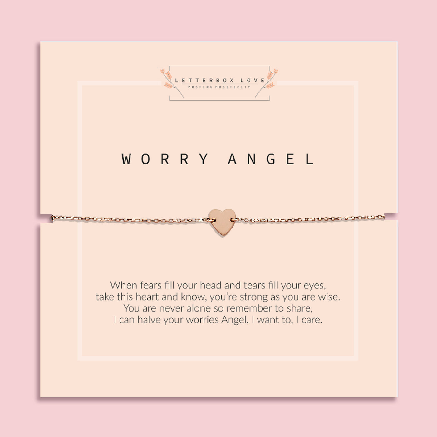 Rose gold heart-shaped bracelet on a pink card with 'Letterbox Love' branding and text. A Gift to help someone dealing with anxiety