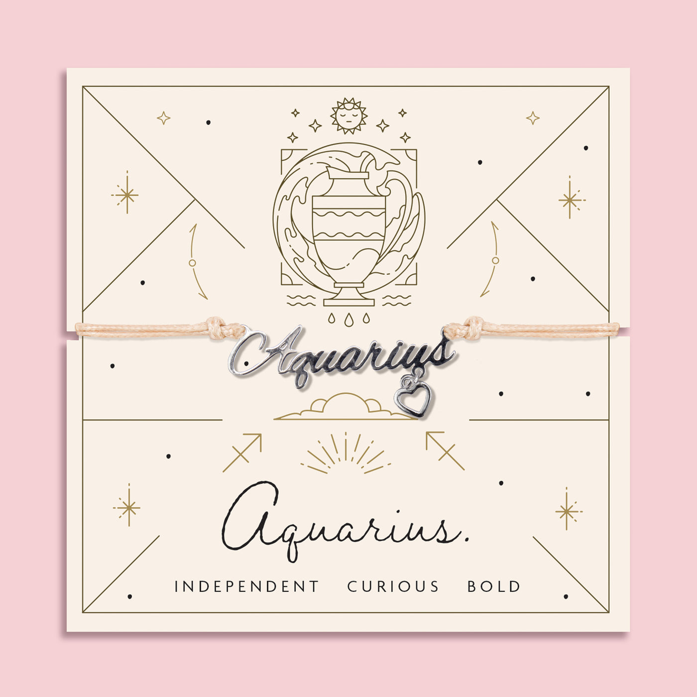 Adjustable peach cord bracelet with a silver 'Aquarius' charm and dangling heart pendant, displayed on a zodiac-themed card with a water bearer illustration and traits reading 