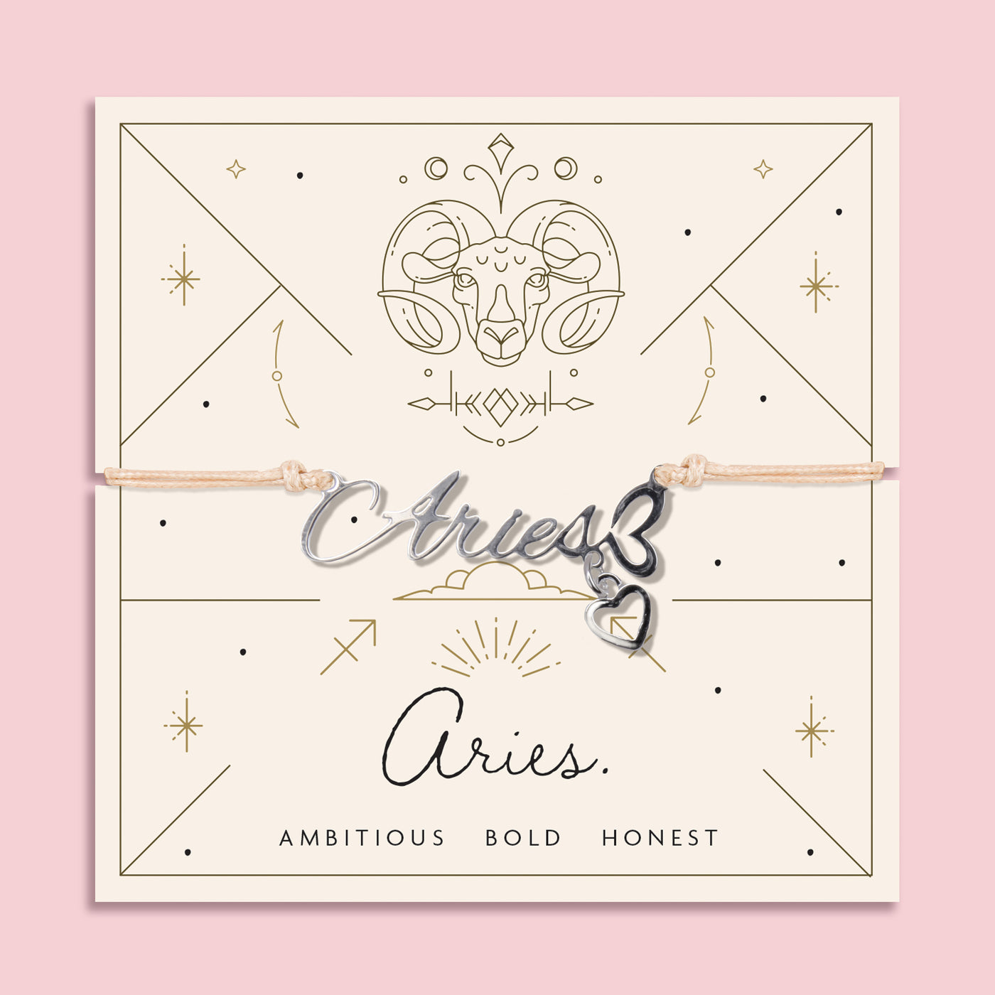Peach cord bracelet featuring a silver 'Aries' script charm with heart pendant, presented on a zodiac card with ram illustration and personality traits 