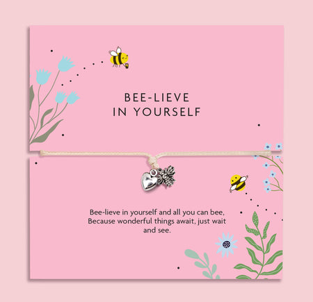 Bee-lieve in yourself adjustable cord bracelet with silver bee and heart charms on pink floral motivational gift card