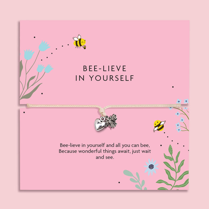 Bee-lieve in yourself adjustable cord bracelet with silver bee and heart charms on pink floral motivational gift card