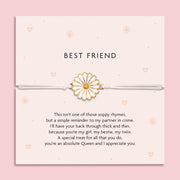 Best Friend daisy charm bracelet on a blush pink card featuring a heartfelt poem, perfect gift for showing appreciation to your closest friend.