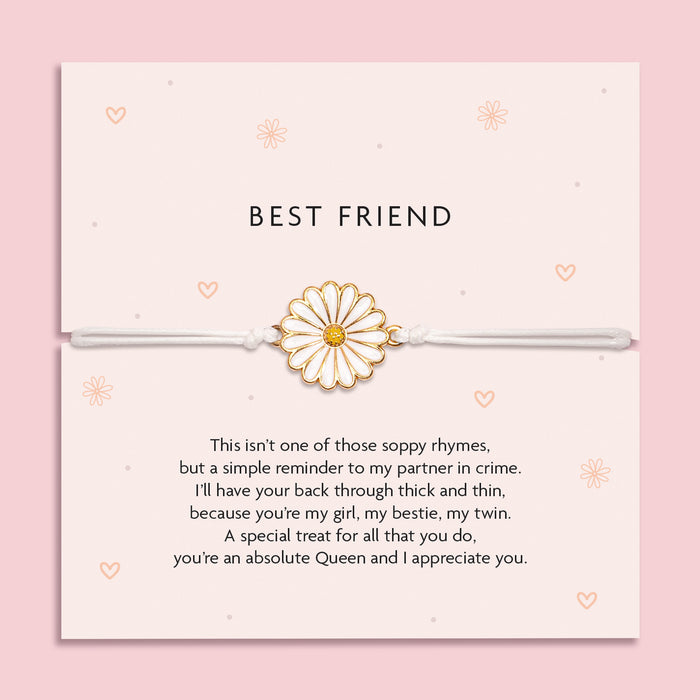 Best Friend daisy charm bracelet on a blush pink card featuring a heartfelt poem, perfect gift for showing appreciation to your closest friend.