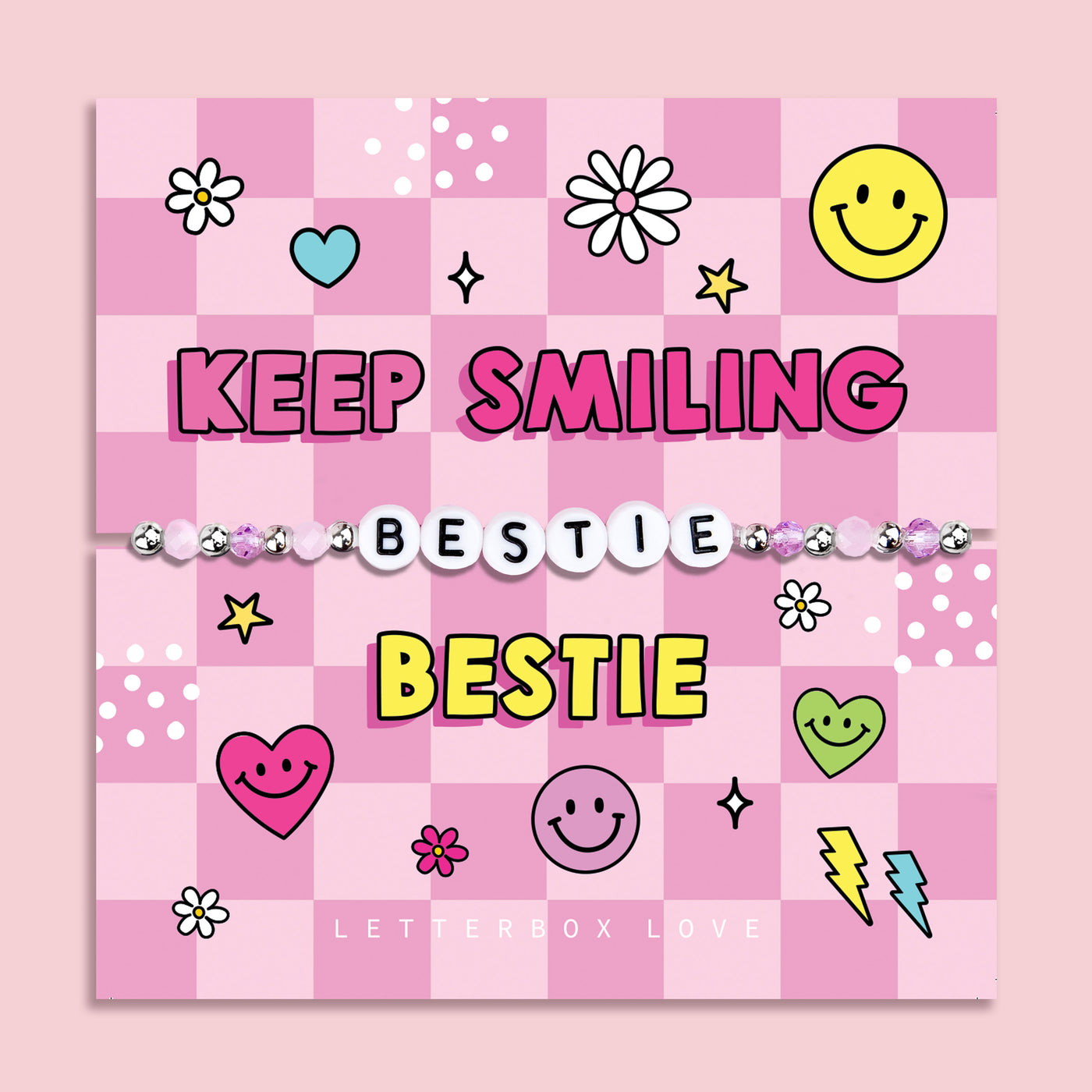 Pink chequered poem card with the bold text saying 