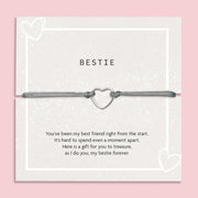 Bracelet with heart charm on a 'Letterbox Love' card with text on a pink background.  A meaningful sentiment for a friend. A gift under £10 for a best friend
