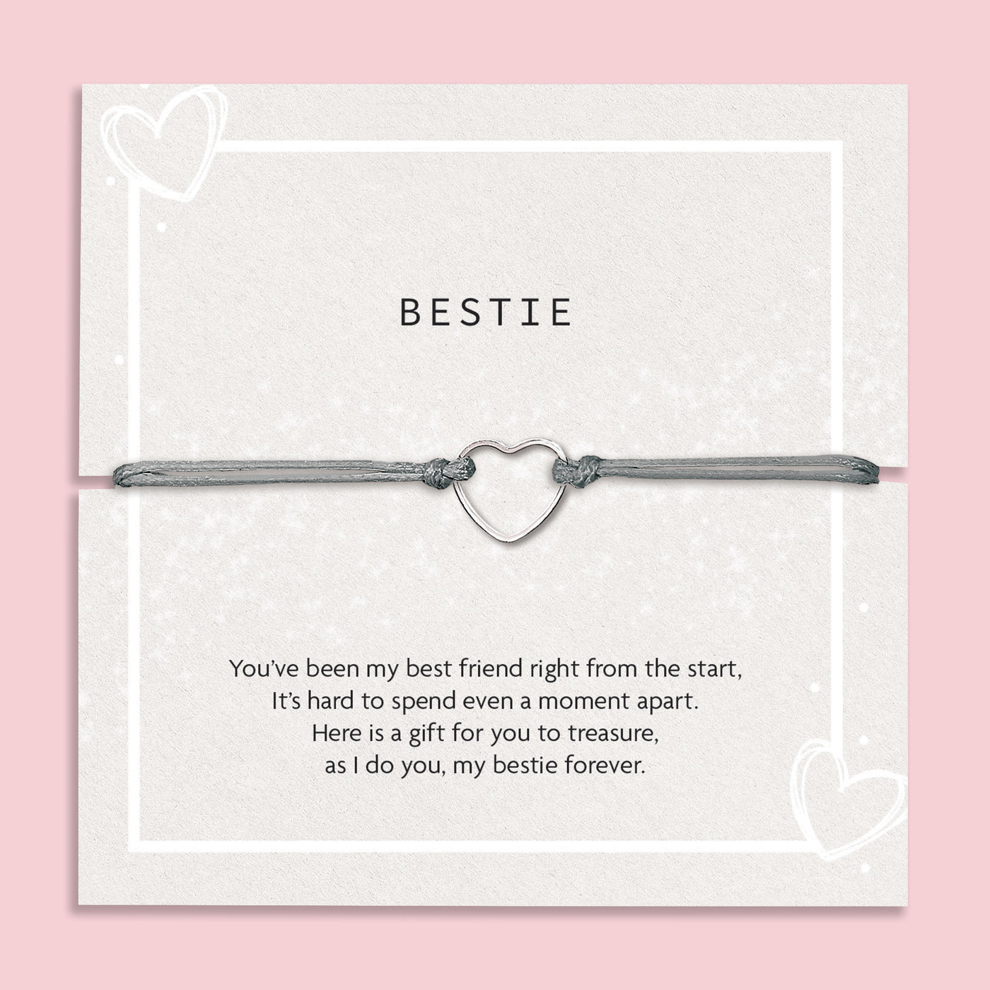 Bracelet with heart charm on a 'Letterbox Love' card with text on a pink background.  A meaningful sentiment for a friend. A gift under £10 for a best friend