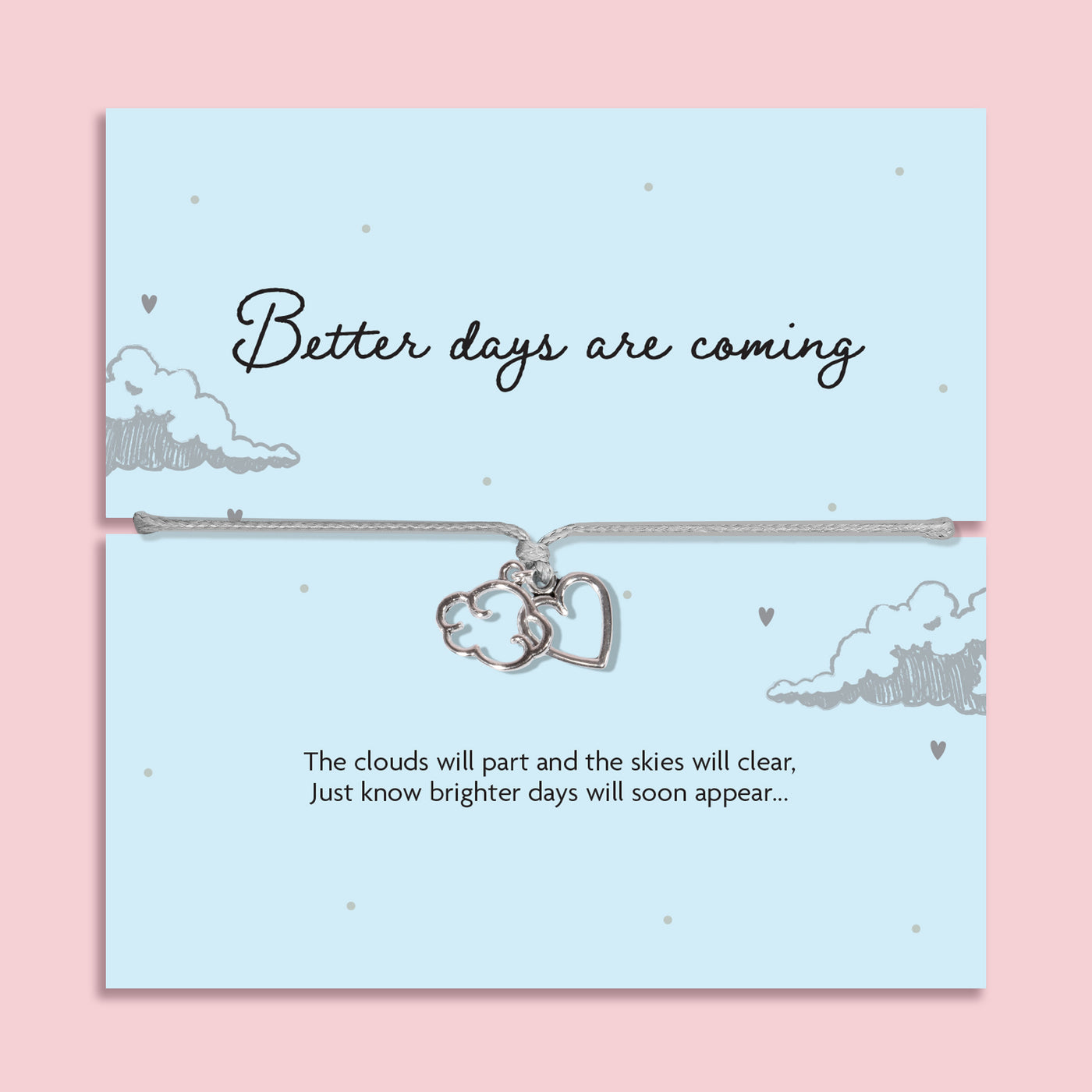 Grey adjustable cord bracelet featuring silver plated cloud and heart charms on a keepsake card reading 