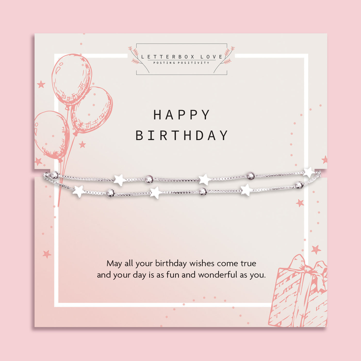 Letterbox Love happy birthday bracelet for her – elegant silver star and bead bracelet displayed on a soft pink birthday card with a sweet message, perfect letterbox jewellery gift for friends, daughters, or loved ones.