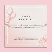 Letterbox Love happy birthday bracelet for her – elegant silver star and bead bracelet displayed on a soft pink birthday card with a sweet message, perfect letterbox jewellery gift for friends, daughters, or loved ones.