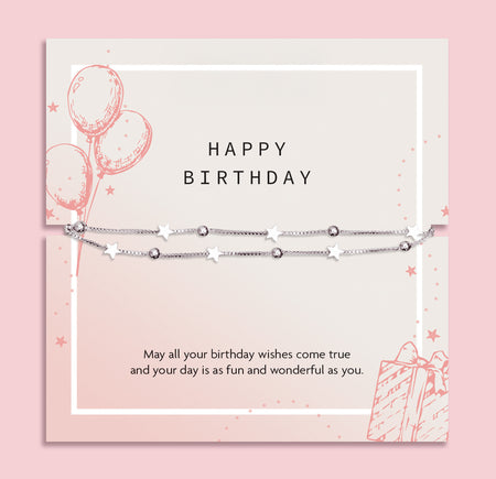 Letterbox Love happy birthday bracelet for her – elegant silver star and bead bracelet displayed on a soft pink birthday card with a sweet message, perfect letterbox jewellery gift for friends, daughters, or loved ones.
