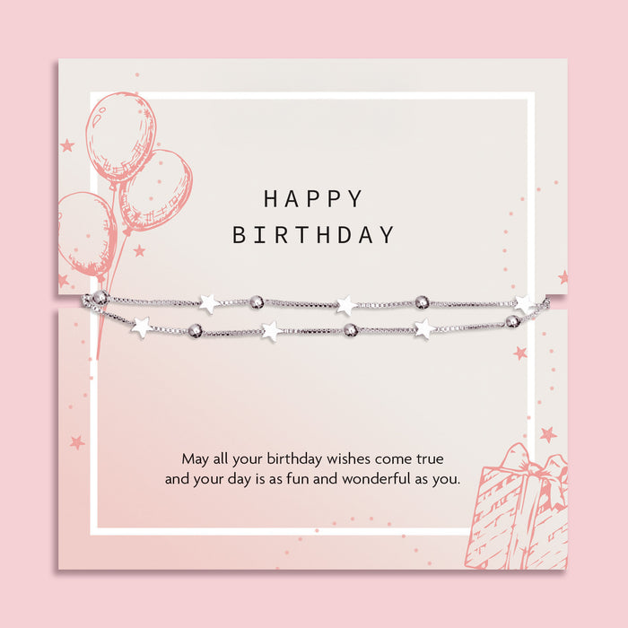 Letterbox Love happy birthday bracelet for her – elegant silver star and bead bracelet displayed on a soft pink birthday card with a sweet message, perfect letterbox jewellery gift for friends, daughters, or loved ones.