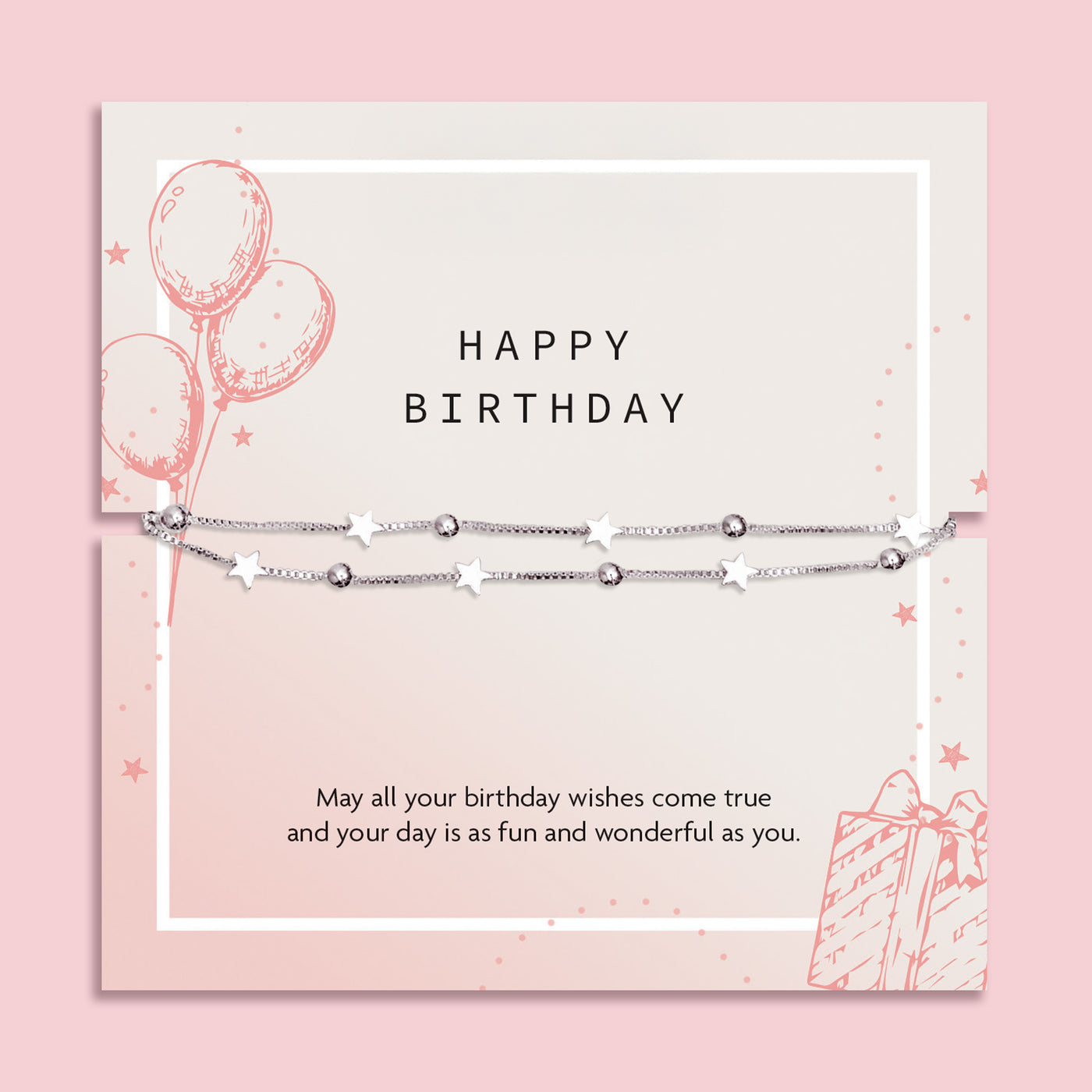 Letterbox Love happy birthday bracelet for her – elegant silver star and bead bracelet displayed on a soft pink birthday card with a sweet message, perfect letterbox jewellery gift for friends, daughters, or loved ones.