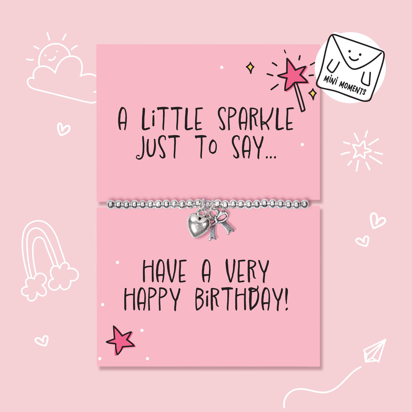 A silver charm bracelet with a heart and key pendant displayed on a pink birthday card that reads 'A LITTLE SPARKLE JUST TO SAY.