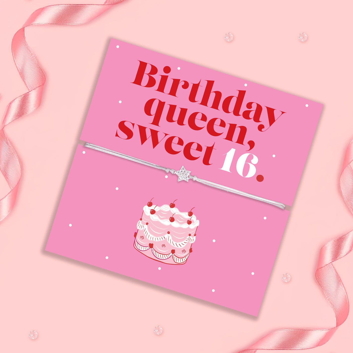 Pink card with 'Birthday queen, sweet 16' text and cake illustration on a pink background with ribbons.