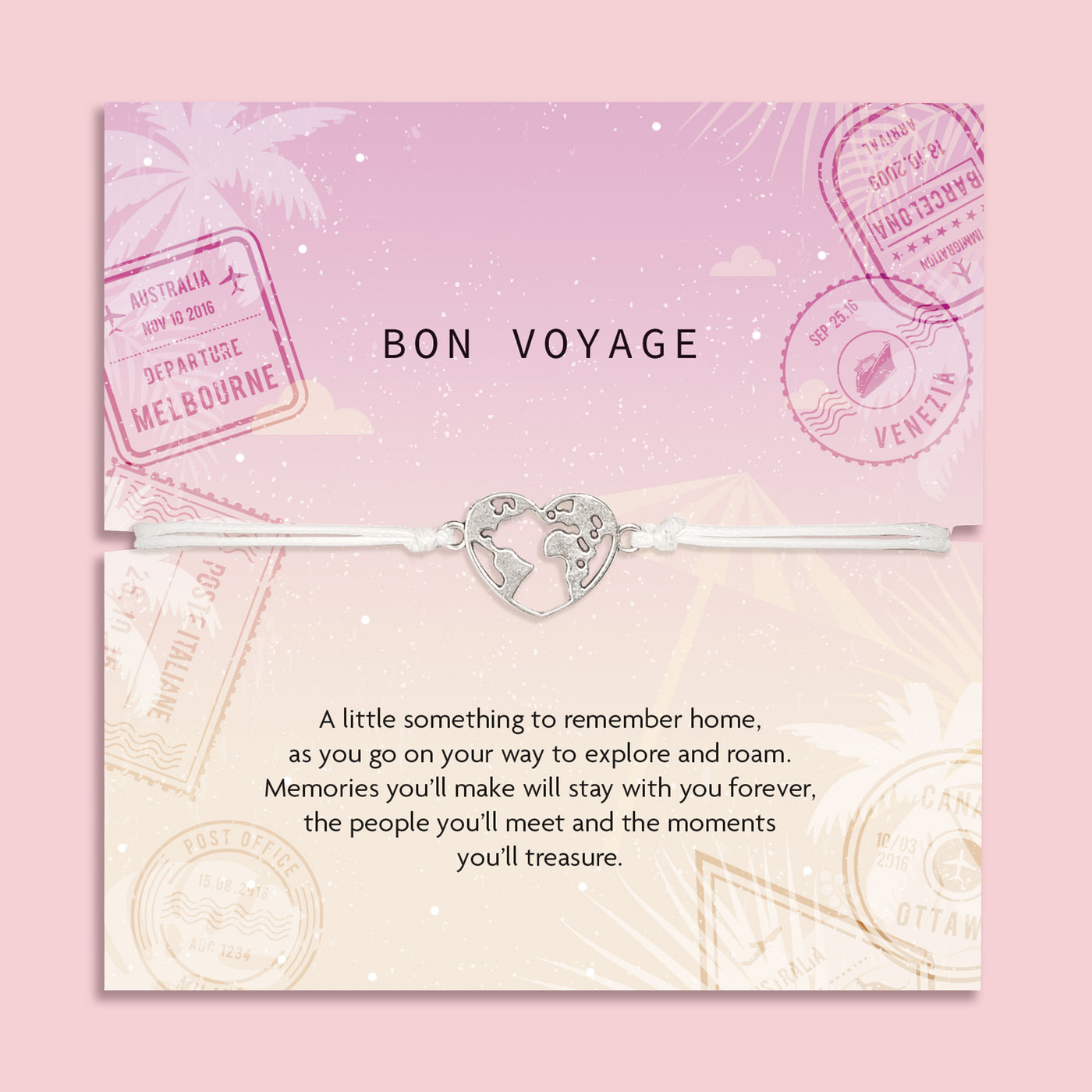 Bracelet with heart-shaped world map charm on a 'Bon Voyage' card with travel stamps. A gift for a friend that is setting off travelling.
