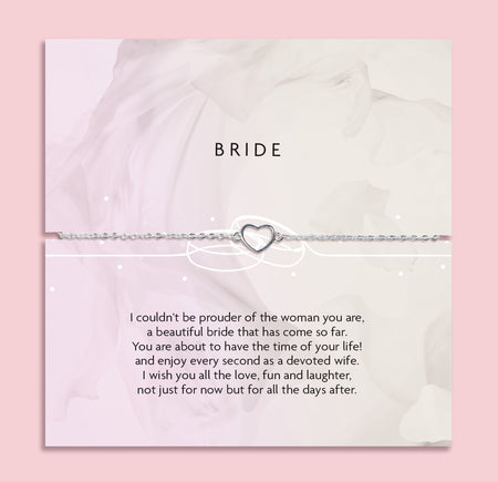 Silver bracelet with heart charm on a card addressed to 'BRIDE' with a message on a pink background. an affordable gift for a bride to be.