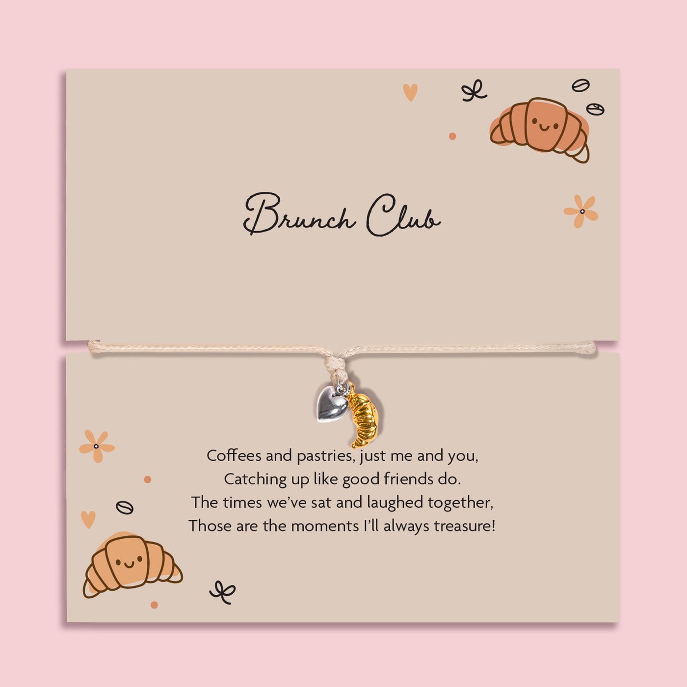 Brunch club friendship bracelet with gold croissant charm and silver heart on adjustable cord, displayed on brunch themed gift card
