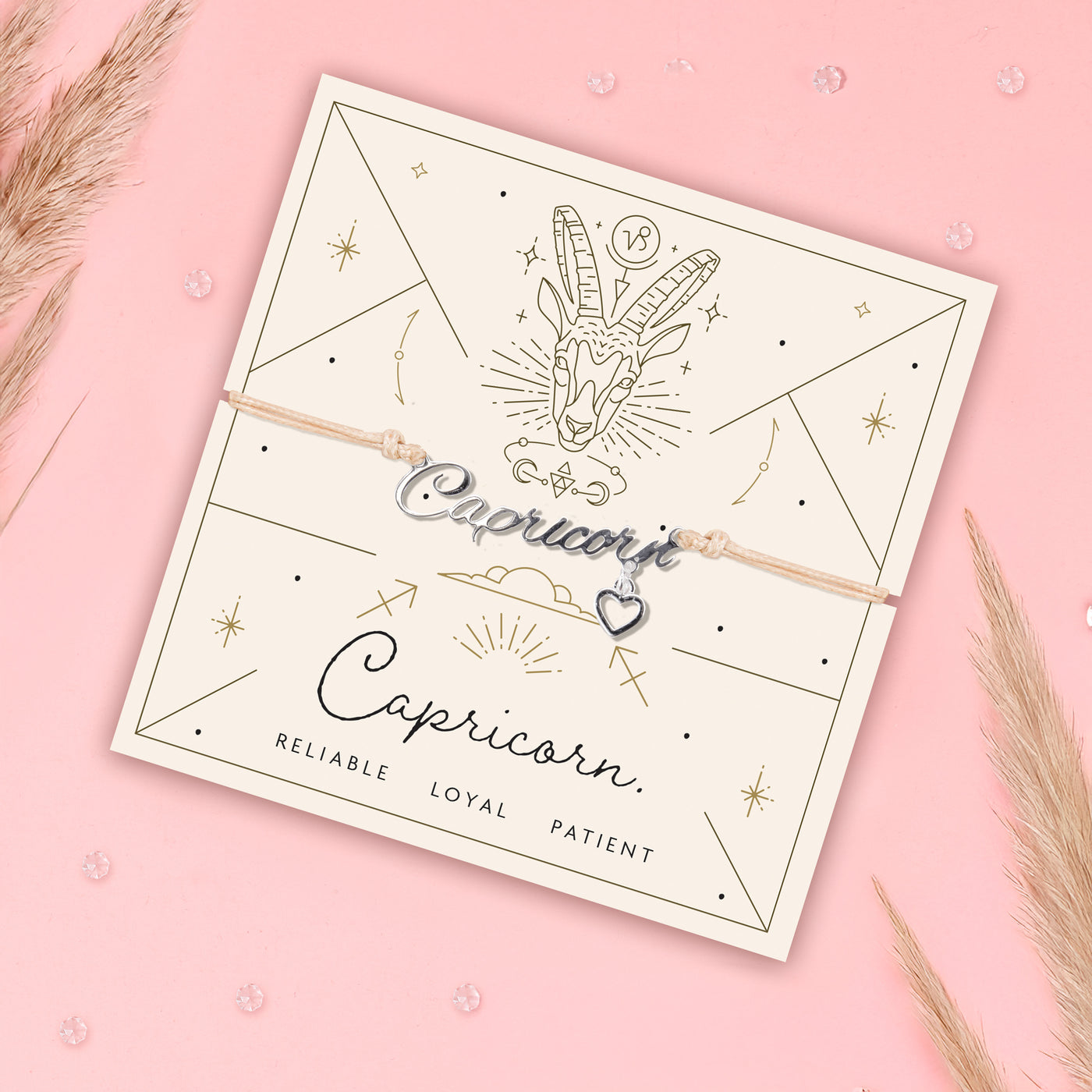 Capricorn friendship bracelet on a meaningful zodiac poem card with pampus grass decoration. A bracelet under £20 for a Capricorn Birthday.